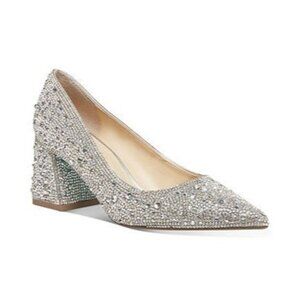Betsey Johnson Paige Rhinestone Embellished Silver Block Heel Pointed Pumps 7.5